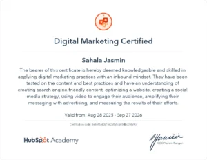 Best digital marketing expert in calicut. sahala jasmin's certificate by hubspot acadamy